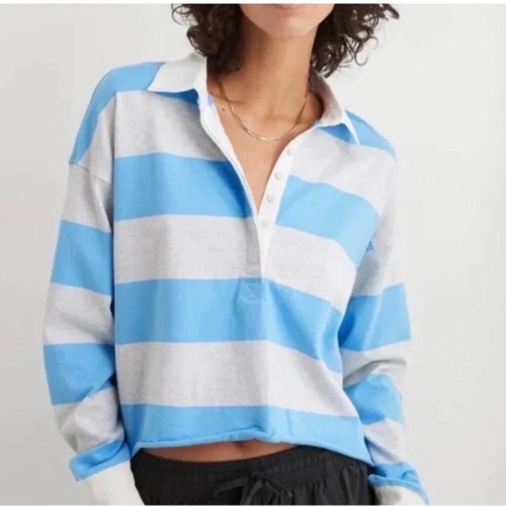 Aerie Sporty Prep Striped Rugby Polo Shirt Blue Gray Cropped XS